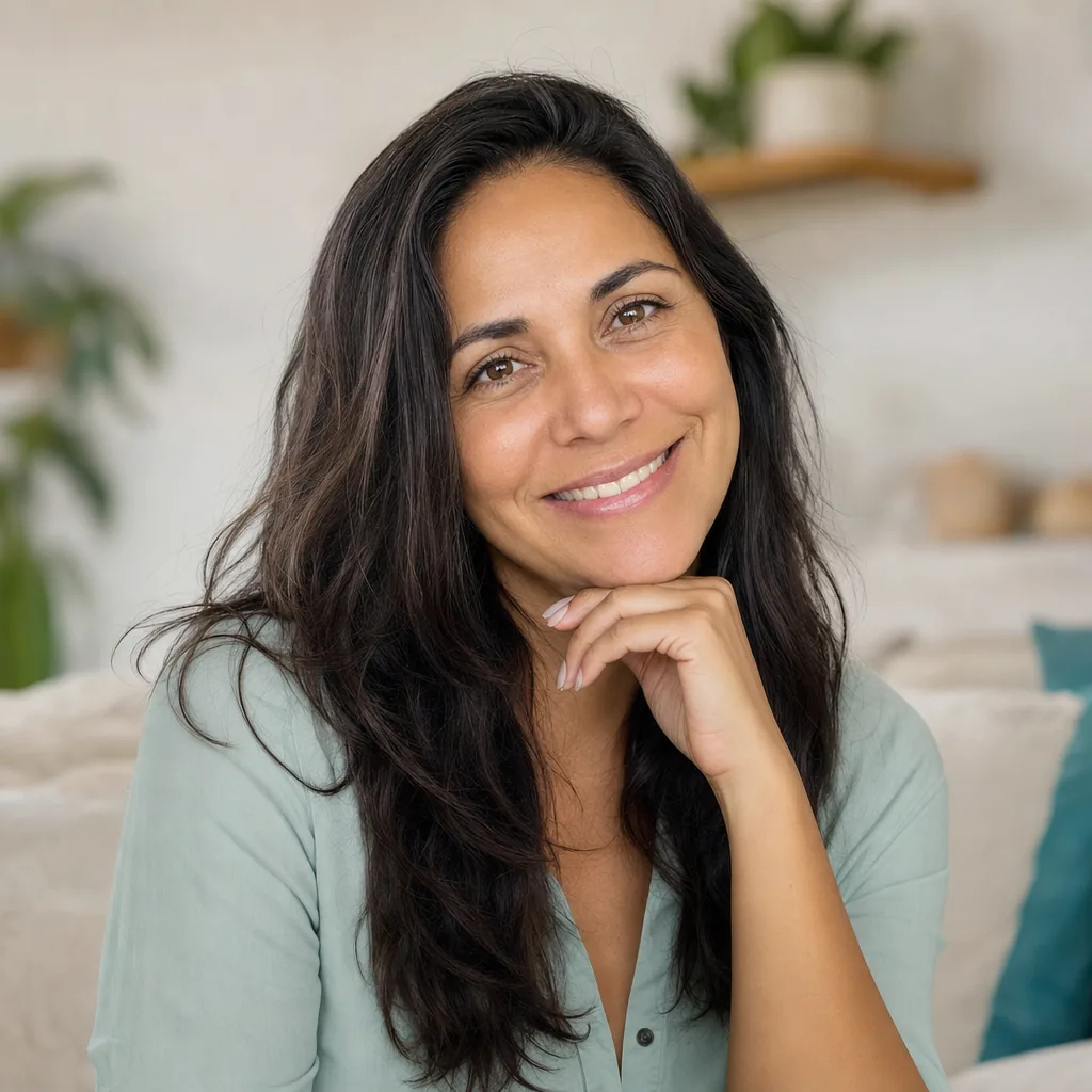Carla, filha do Sr. Antônio, sorrindo em casa
